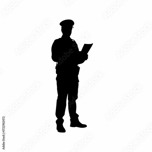 Silhouette of an officer reviewing a curfew compliance report on a white background