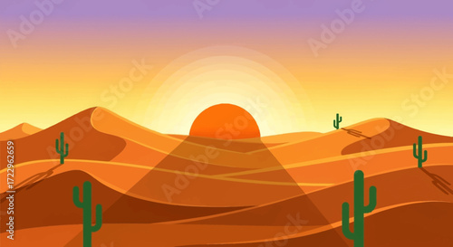 Desert landscape with sand dunes and cacti at sunset.