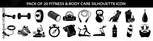 Vector art of collection of 20 black silhouette icons representing fitness and body care equipment and activities, isolated on a