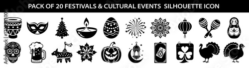 Vector art of collection of 20 silhouette icons representing various festivals and cultural events, isolated on a