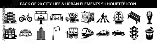 pack of 20 city life and urban elements silhouette icons, , featuring buildings, bicycle, billboard, bus stop, cinema, traffic light, street lamp, train, taxi, and more