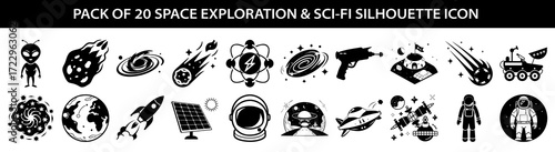 Vector art of collection of 20 black silhouette icons representing space exploration and science fiction themes, isolated on a