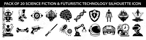 Vector art of collection of 20 science fiction and futuristic technology silhouette icons, including robots, spaceships, brains, dna, vr headsets, and more, isolated on a