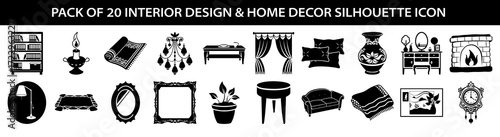 Vector art of pack of 20 interior design and home decor silhouette icons, featuring furniture, lighting, and decorative elements for modern living spaces