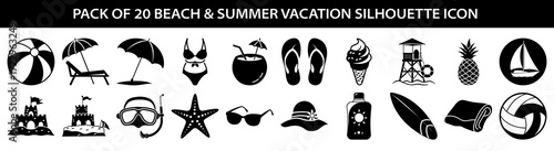 Vector art of collection of 20 black silhouette icons representing beach and summer vacation elements, isolated on a