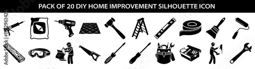 Vector art of pack of 20 diy home improvement silhouette icons including tools like drill, hammer, saw, wrench, paint brush, roller, ladder, tape measure, safety goggles, and construction worker