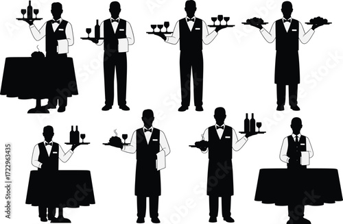 Waiter silhouette, serving drinks, restaurant staff, food service, tray pose, formal attire, black vector, dining gesture, hospitality scene, beverage
