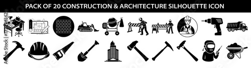 Vector art of pack of 20 construction and architecture silhouette icons, featuring tools, machinery, buildings, and workers