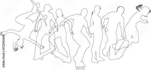 A group of skateboarders women and men or girls and boys, male and female skateboarders in silhouette.