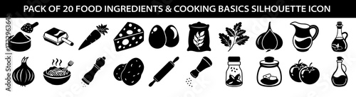 Vector art of pack of 20 food ingredients and cooking basics silhouette icons, including vegetables, dairy, spices, and kitchen tools