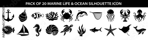 pack of 20 marine life and ocean silhouette icon