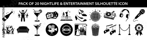Vector art of collection of 20 nightlife and entertainment silhouette icons, including champagne, dancing people, cocktails, tickets, dj equipment, disco ball, microphone, and movie camera