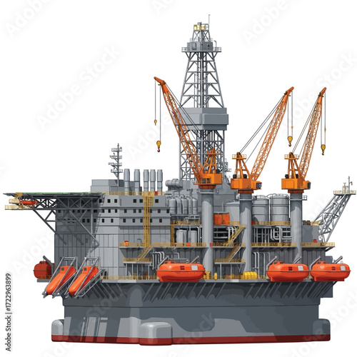 Industrial offshore oil rig with cranes and lifeboats, complex marine engineering structure
