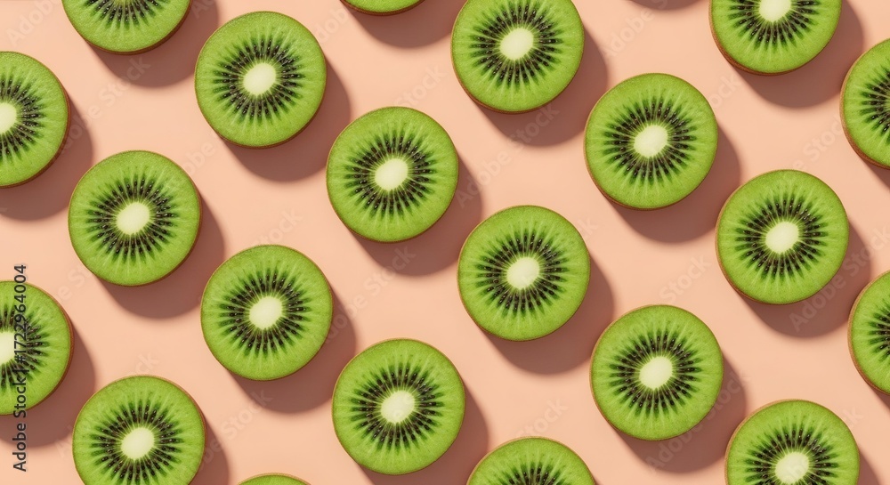 Fototapeta premium Juicy Kiwi Halves Pattern on Warm Peach Background.
