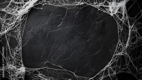 Empty dark canvas with corner spider webs drawn in white ink, minimal abstract background perfect for eerie Halloween poster, creepy invitation, or gothic decoration concept