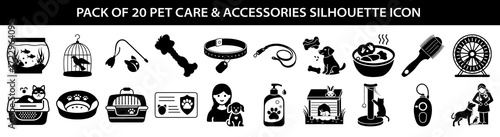 Vector art of collection of 20 black silhouette icons representing pet care and accessories, isolated on a