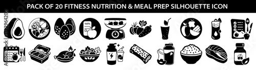 pack of 20 fitness nutrition and meal prep silhouette icons, , showing healthy food, exercise, and diet planning elements