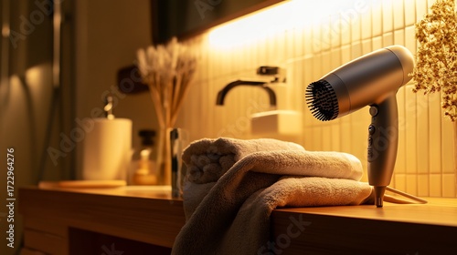 Professional grade hair dryer with a diffuser attachment set on a bathroom counter with a warm wooden finish complemented by a cozy towel and soft lighting for a relaxing atmosphere