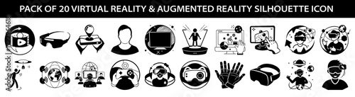 Vector art of pack of 20 virtual reality and augmented reality silhouette icons, including vr headsets, ar glasses, gaming controllers, and holographic projections
