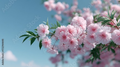 Delicate Pink Cherry Blossoms Against a Clear Blue Sky in Spring Sunlight