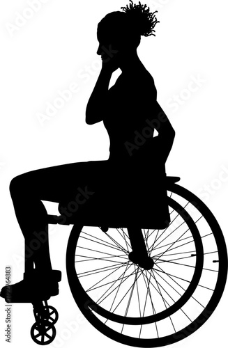 Silhouette of a woman seated in a wheelchair, holding a phone to her ear, with her hair styled in a bun and legs slightly apart.