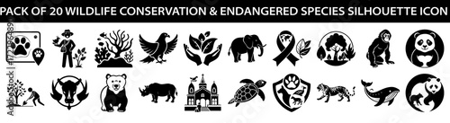 Vector art of pack of 20 wildlife conservation and endangered species silhouette icons