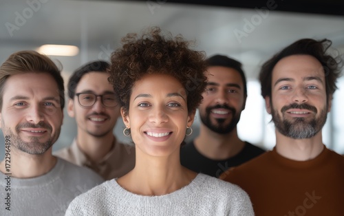 Diverse hybrid team collaborating in a minimal office with digital tools and remote conferencing, highlighting inclusivity, modern workplace culture, flexibility and professional business photography