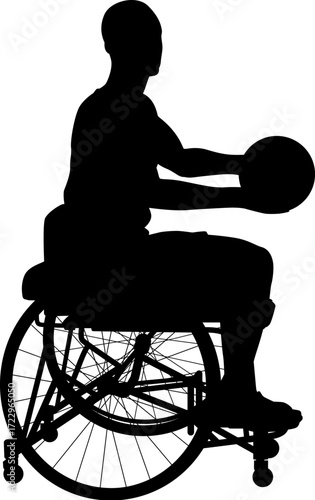 Silhouette of a male athlete seated in a sports wheelchair, holding a basketball with both hands in front of him.