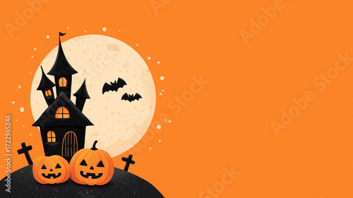 vector illustration of orange halloween background with with pumpkin and moon and castle and bats and scary tree,vector illustration of a orange scary halloween background