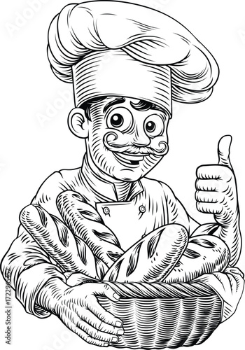 Vintage style woodcut illustration of smiling baker or chef holding a large basket of baguette French bread loves. Perfect for bakeries, artisanal bread brands, cafe menus, or food packaging.