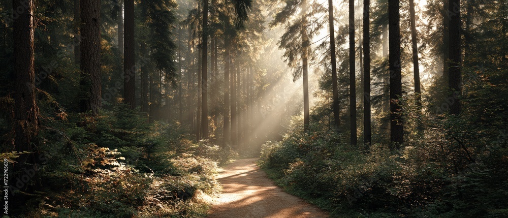 Obraz premium Serene forest trail with golden sunlight filtering through tall trees in early morning, evoking peaceful mindfulness, perfect for eco-wellness retreats and nature-inspired meditation visuals.