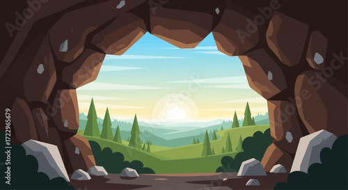 Entrance to a natural rock cave with a view of a sunny landscape.