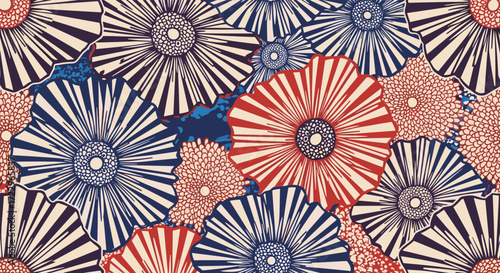 A close up of a repeating floral pattern in red white and blue.