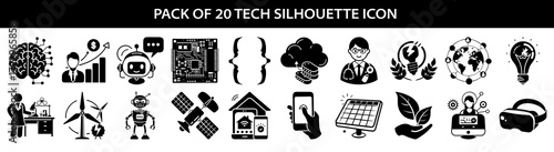 Vector art of collection of 20 diverse technology and innovation silhouette icons, including ai, business, science, and sustainability concepts, isolated on a