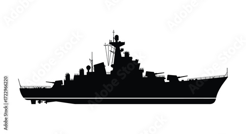 Detailed warship profile against a white background striking silhouette