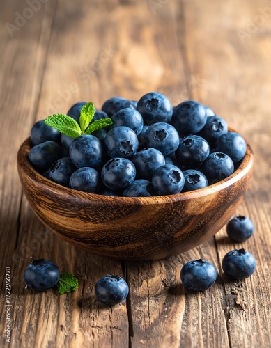 Fresh blueberries in a wooden bowl on a rustic table