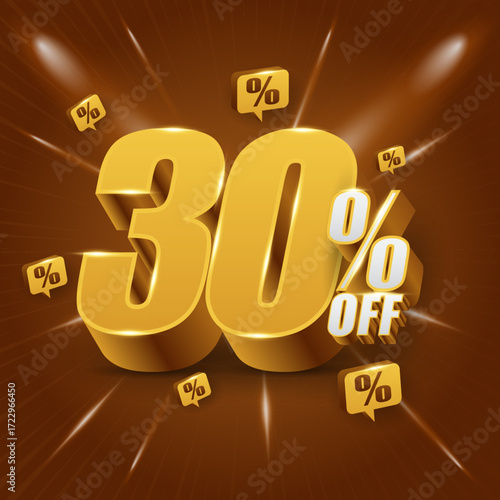 30 percent off, discount concept, or bonus. Promotional price with 3D illustration of golden numerals.