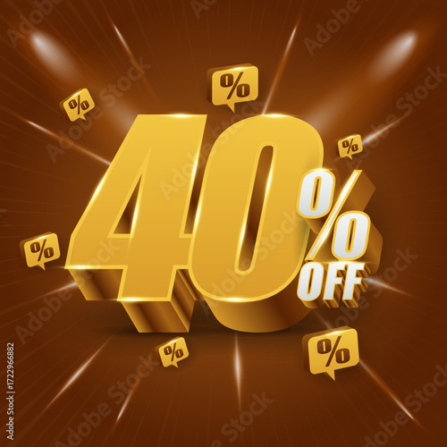 40 percent off, discount concept, or bonus. Promotional price with 3D illustration of golden numerals.