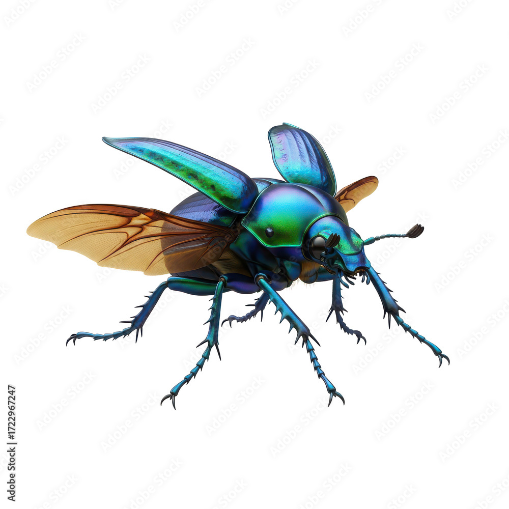Fototapeta premium Close up macro photograph of a vibrant iridescent blue and green scarab beetle with translucent wings isolated on transparent background
