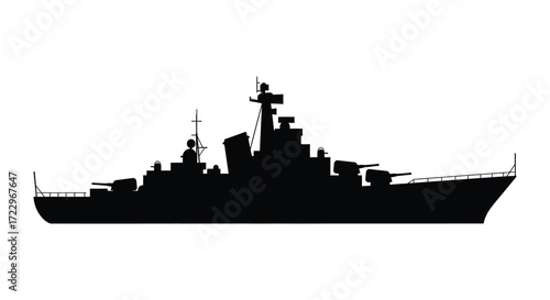 Detailed warship profile against a white background striking black silhouette