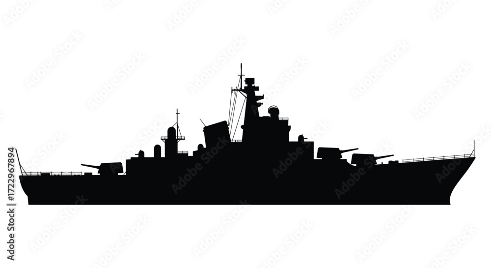 Fototapeta premium Detailed black outline of a naval destroyer ship dramatic silhouette