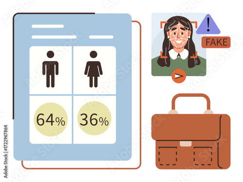Gender percentage chart with male and female data, human deepfake detection with warning icon, and leather briefcase. Ideal for digital safety, technology, AI ethics, workplace statistics, privacy