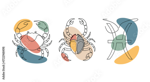 Abstract line art illustration of three crabs with organic pastel shapes and dotted outlines.