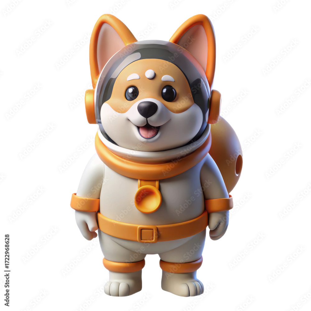 Fototapeta premium Cute cartoon shiba inu dog wearing a futuristic astronaut spacesuit with helmet isolated on transparent background