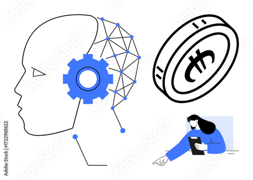 Profile of AI head with tech network and gear, cryptocurrency coin with currency symbol, and person working on a tablet. Ideal for technology, AI, blockchain, finance, digital work, futuristic