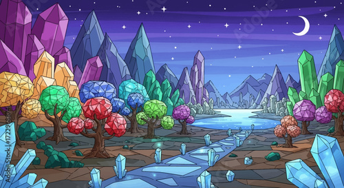 Fantasy landscape with vibrant crystal trees and glowing path.