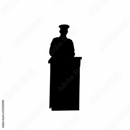 Silhouette of an officer testifying in a courtroom setting white background silhouette