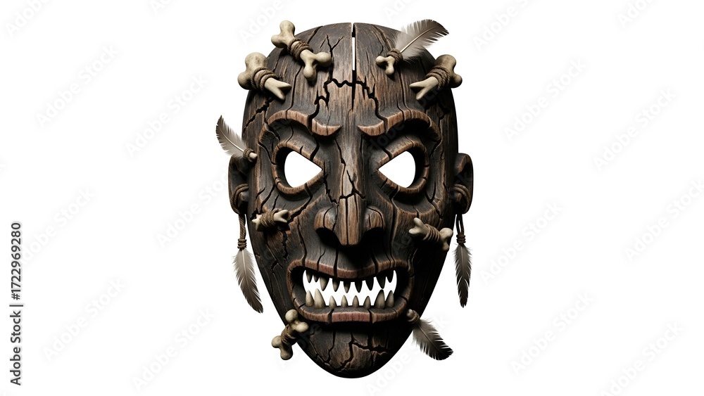 Naklejka premium Creepy voodoo mask with cracks, isolated on a clear blank white background, depicting ancient tribal art
