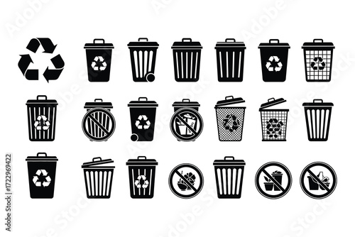 Black Recycling Bins and Trash Cans with Recycling Symbols and Prohibition Signs on White Background Keywords: recycling, trash, bin, can, waste, garbage, disposal, environment