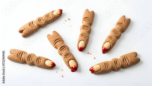 Creepy Witch Finger Cookies with Bloody Almond Nails Isolated on White for Spooky Halloween Treats and Dessert Fun